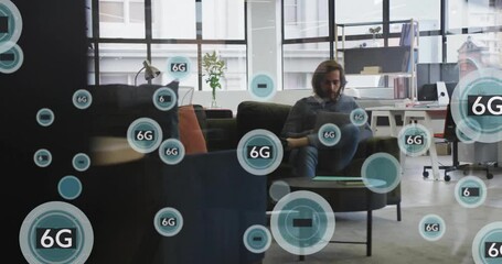 Poster - 6G technology animation over people working in modern office