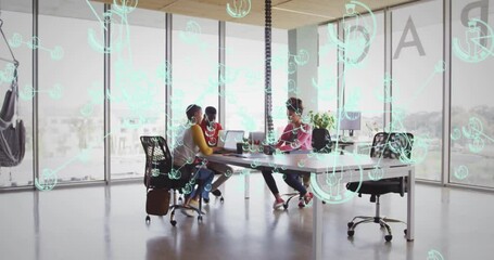 Poster - Network of connections and data processing animation over business meeting in office