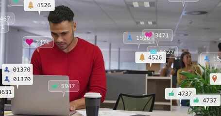 Poster - Social media notifications animation over man working on laptop in office