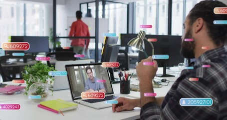 Poster - Video call with data processing animation over office workspace