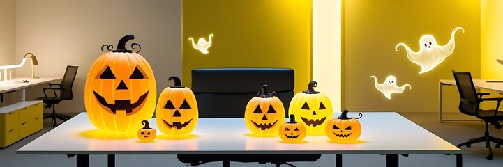 Cute Halloween Scene with Ghosts and Pumpkins, Festive flyer, poster or banner.