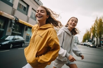 Poster - Laughing fashion running street.