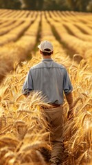 Wall Mural - a farmer walking through a field of golden wheat, illustrating agricultural work and harvest time.