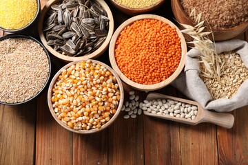 Sticker - Different types of legumes, seeds and cereals on wooden table, flat lay