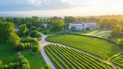 A vineyard with a house in the background