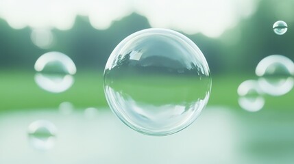 Wall Mural - a clear bubble floating in the air with a green background