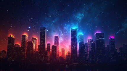 23. A neon silhouette of a city skyline, each building outlined with pastel RGB lights, standing against a starry night sky