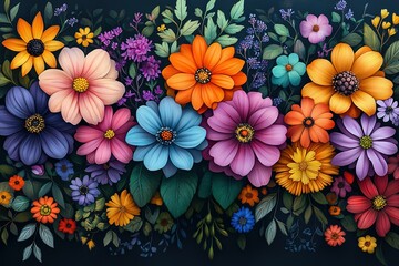 Wall Mural - A colorful bouquet of flowers is displayed on a dark background