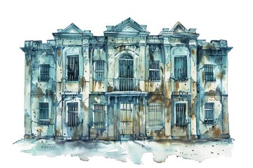 Canvas Print - Watercolor abandoned building illustration