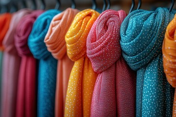 Canvas Print - A row of colorful scarves with a blue one in the middle