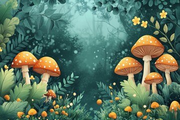 A painting of a forest with mushrooms and flowers