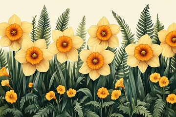 Wall Mural - A painting of a field of yellow flowers with green leaves