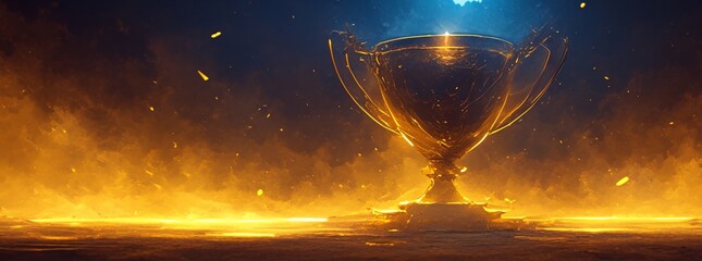 Golden trophy on dark background with copy space, gold award cup for success and victory concept banner design of business winner or sport competition