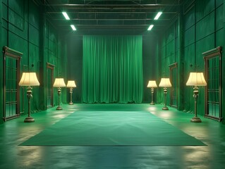 green screen film studio with lamps and key lights, empty space in the middle, well lit 