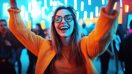 Poster - A joyful young woman wearing glasses and a bright yellow jacket enjoys herself at a vibrant, neon-lit party.