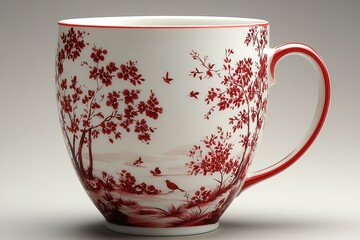 Wall Mural - A red and white cup with a tree and bird design