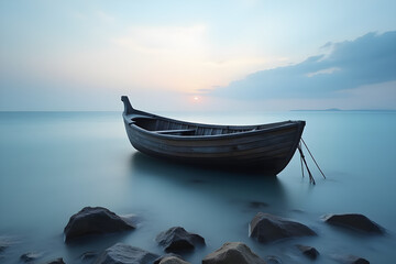 Wall Mural - a lonely boat in the ocean, a minimalistic photo made with a long exposure