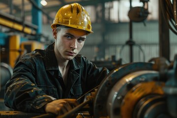 Sweat rugged worker in yellow helmet and black uniform working with machine at factory, Heavy industry concept. concept of labor day