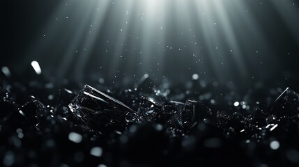 Poster - Shimmering shards of glass reflecting soft light in a darkened setting create a dramatic and captivating atmosphere