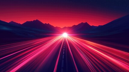 Wall Mural - Car speed lights. Glowing trail  highway road line  fast and long night exposure  red lane blurred effect. Mountains and night sky. Vector abstract background with dynamic flashlight