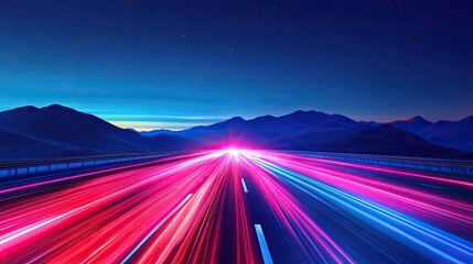 Wall Mural - Car speed lights. Glowing trail  highway road line  fast and long night exposure  red lane blurred effect. Mountains and night sky. Vector abstract background with dynamic flashlight