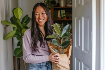 Poster - Happy woman holding houseplant