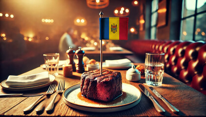 Wall Mural - An upscale restaurant table featuring a tender steak, garnished with rosemary and an Moldova flag, set against a cozy, candlelit backdrop