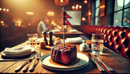 Wall Mural - An upscale restaurant table featuring a tender steak, garnished with rosemary and an Nepal flag, set against a cozy, candlelit backdrop