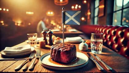 Wall Mural - An upscale restaurant table featuring a tender steak, garnished with rosemary and an Scotland flag, set against a cozy, candlelit backdrop