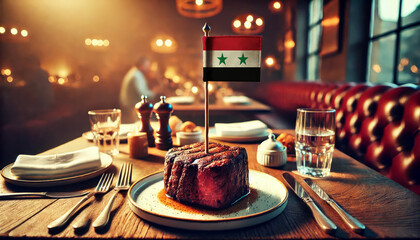 Wall Mural - An upscale restaurant table featuring a tender steak, garnished with rosemary and an Syria flag, set against a cozy, candlelit backdrop