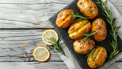 Delicious baked potatoes with rosemary on slate plate