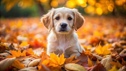 adorable young puppy among autumn leaves