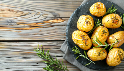 Poster - Delicious baked potatoes with rosemary on slate plate