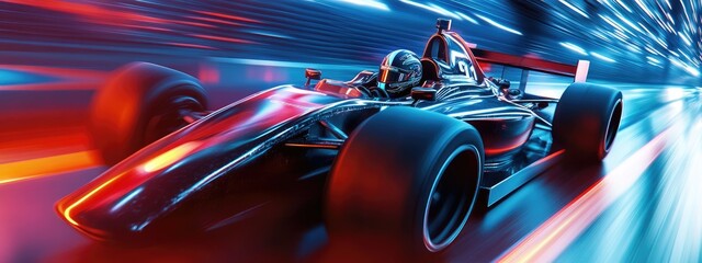 Poster - ECU Portrait of modern race car pilot driving fast during a race. Realistic 3d rendering . 3D Illustration