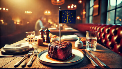 Wall Mural - An upscale restaurant table featuring a tender steak, garnished with rosemary and an Indiana flag, set against a cozy, candlelit backdrop