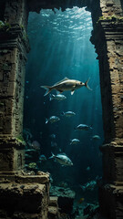 fish swimming among sunken ruins deep underwater background 