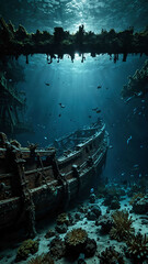 Poster - mysterious shipwrecks covered in marine life deep underwater background 