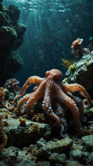 Poster - octopuses camouflaging among the rocks deep underwater background 