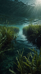 Poster - seagrass meadows waving softly in the deep underwater background 