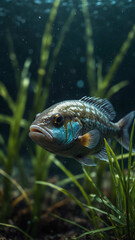 Poster - small fish hiding among seagrass deep underwater background 