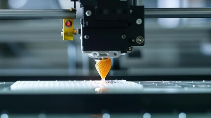 Poster - 3d printer is creating a model from molten plastic at a high tech manufacturing facility. The innovative production method is changing how things are made