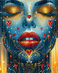 Canvas Print - A woman's face is covered in gold and red hearts. The woman is looking away from the camera