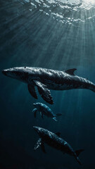 Wall Mural - whales majestically swimming in the deep underwater background 