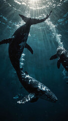 Wall Mural - whales majestically swimming in the deep underwater background 