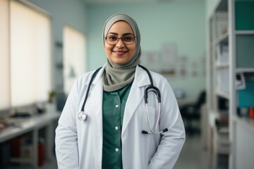 Wall Mural - A plus size muslim female doctor hospital smiling adult.