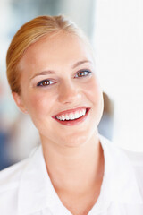 Poster - Smile, business and portrait of woman with confidence, opportunity or professional consultant in office. Conference, pride and face of happy businesswoman at workplace with ambition in company growth