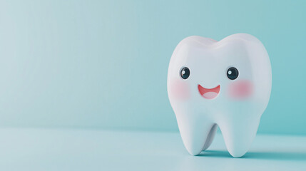 Healthy white tooth, dental protection from caries, smiling tooth, character for dentistry on blue background. Dental concept banner with copy space.