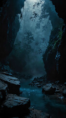 Poster - blue foggy mist on darkness in deep nature cave background backdrop