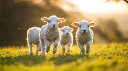 Wall Mural - Baby white lambs playing in the field. --ar 16:9 --v 6.1 Job ID: 2c4b908a-d43e-4d1d-a58f-88b4694f635a