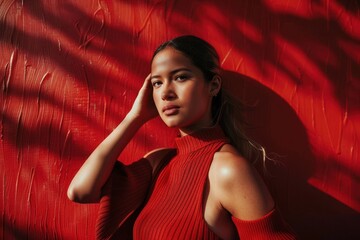 Wall Mural - portrait of young women standing against red wall